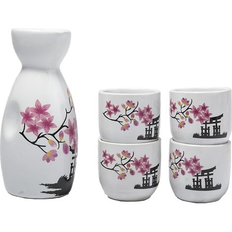 Service à Sake Traditionnel - Pagode et Fleurs de Cerisier - avec 4 Bols (1/5)
