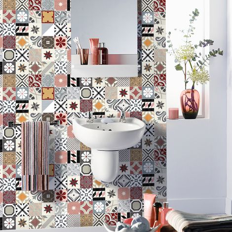 Sticker Mural Carrelage adhésif Cuisine Salle de Bain - 60 STICKERS CARREAUX DE CIMENT AUTHENTIQUES AULANI - 60stickers20x20cm (1/5)