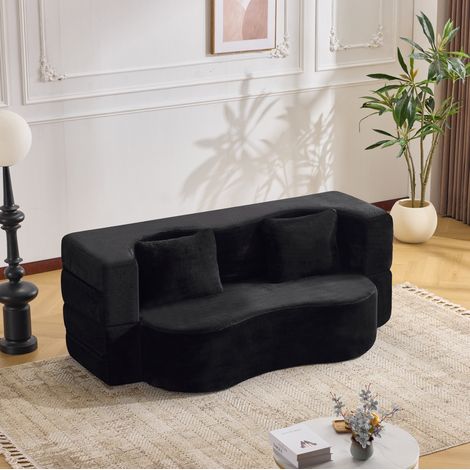 Canapé convertible in tessuto effetto peluche nero, pieghevole 2 in 1 con 2 cuscini (1/5)