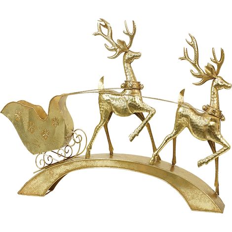 Renne con Slitta di Babbo Natale in Metallo Dorato 105.5x12x67.5cm, Scultura Natalizia con Base ad Arco Cervi e Riccioli, Grande Soprammobile Decorativo per Camino Salotto Ingresso