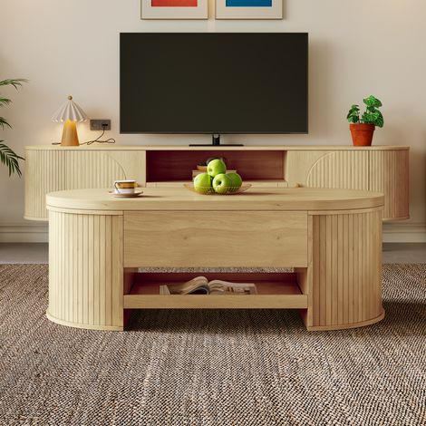 Table Basse Relevable 110x55cm - Plateau Réglable - Rangement Intérieur - Étagère Extractible - Design Bois - Capacité 20kg - Naturel (1/5)