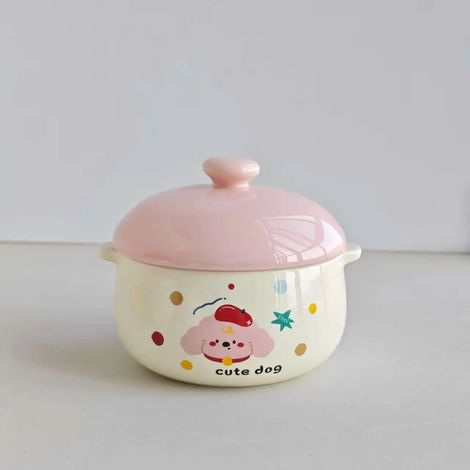 (Pink Dog 5 pouces) Petit bol en céramique avec couvercle pour cuire à la vapeur la crème aux œufs, 350 ml, passe au four.