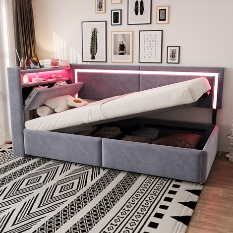 Canapé-lit convertible 90 x 200 cm en velours gris clair, avec éclairage LED, ports USB, rangement tête de lit + système hydraulique (1/4)