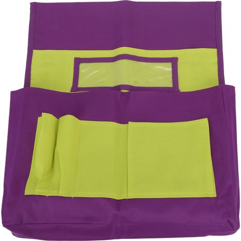 Jaune et violet - Organisateur de dossier de chaise à pochettes, avec étiquette nominative, pour siège d'élève, maternelle, rangement de fournitures. (1/5)