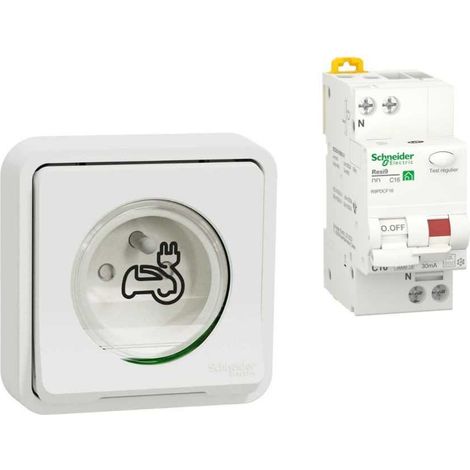 Pack prise de courant 2P + T renforcée pour VE Mureva Styl encastrée + Disjoncteur différentiel - MUR39011+R9PDCF16 - Schneider - Blanc