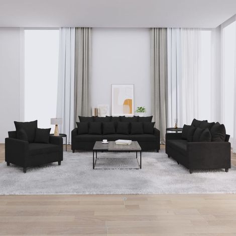 3-tlg. Sofagarnitur mit Kissen Schwarz Samt (1/5)