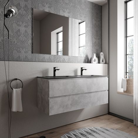 BERNSTEIN - Grand meuble vasque de salle de bain MDF aspect béton avec lavabo fonte minérale Noir mat - 120x45,6x50cm - AVA CREAM - Béton, Noir mat avec trou pour robinetterie
