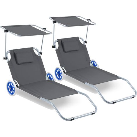 Lot de 2 chaises longues pliables avec roulettes en aluminium avec toit pare-soleil et dossier réglables pour camping, loisirs, jardin, plage (gris) (1/5)