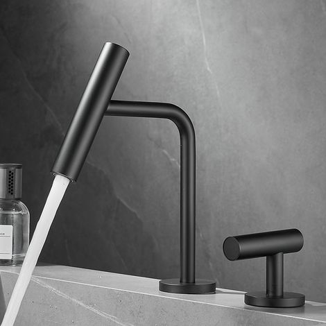 Grifo de lavabo de diseño con doble orificio: Cuerpo de cobre, acabado negro (1/4)