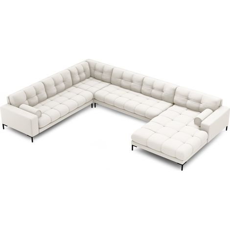 Canapé d'angle panoramique 7 places tissu structurel beige clair (1/5)
