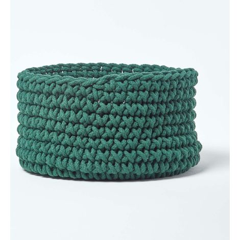 HOMESCAPES Forest Green Cotton Knitted Round Storage Basket, 37 x 21cm (1/5)