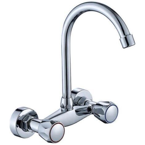 Grifo mural de cocina para fregadero, lavadora y lavabo de baño con dos manijas y aireador para ahorrar agua. Cromado. (1/5)