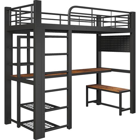 Cama alta de metal 90 x 200 cm negra con LED, estantes, escritorio y barra de almacenaje (1/5)