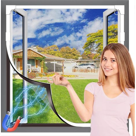 Moustiquaire Fenêtre Magnétique, Fibre de Verre Durable, Auto-Adhésive, Taille Ajustable DIY, Installation Sans Perçage, 100×150 cm, Cadre Blanc & Maille Grise