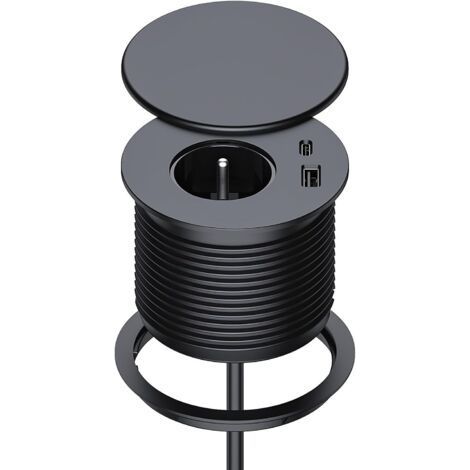 Bloc Prise Encastrable, Multiprise Encastrable avec 1 Prise, 1 Port USB C, 1 Port USB A, 75 mm de Diamètre, 1,5M de Câble, Prise Bureau pour la Cuisine, Le Bureau, Les Meubles, Noir (1/5)