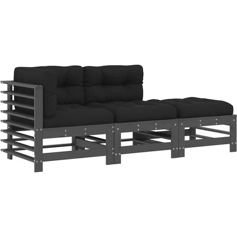 3 Piece Garden Lounge Set with Cushions Grey Solid Wood vidaXL (1/5)