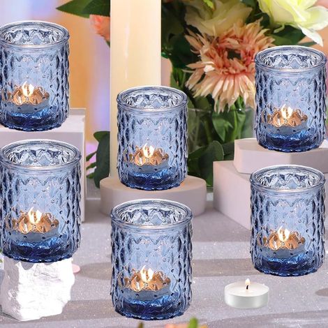 6 Pcs Bougeoirs en Verre pour Bougies Chauffe-Plat, Bougeoirs Transparents pour Bougies Chauffe-Plat pour Les centres de Table de Mariage, Les fêtes et la décoration d'intérieur (6, Bleu) (1/5)