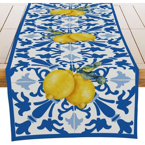 JSSEVN - Decorative Italian Blue Checkered Table Runner for Dining Room, Dresser, Party, Holiday, Housewarming Gift, 33 x 183 cm (1/4)