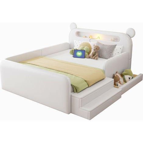 Letto singolo per bambini 140x200 cm bianco in similpelle con contenitore e luce USB - CHICFURN (1/5)