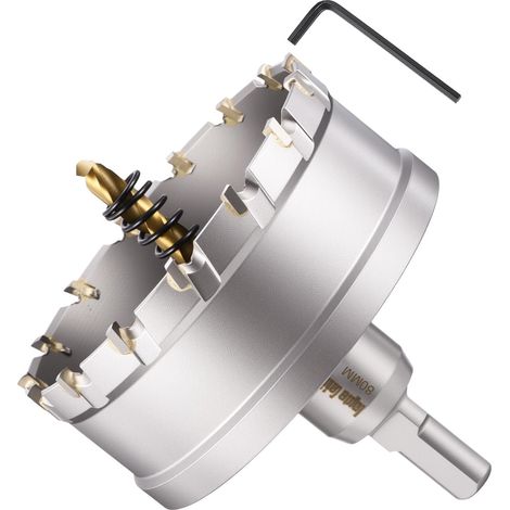 Kit de scie-cloche en carbure de tungstène avec foret central, clé hexagonale et ressort – pour métaux durs, feuilles en acier inoxydable, tubes carrés, fibre de verre, argent (1/5)