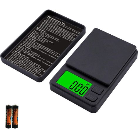 Bilancia digitale tascabile 1000 g x 0,01 g, mini bilancia, bilancia da cucina con display LCD retroilluminato, funzione tara (7 unità), batteria inclusa, nera.