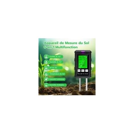 Testeur de pH du Sol 6 en 1, Testeur pour Humidité/Fertilité/pH/Température/Lumière/Humidité Ambiante (1/4)