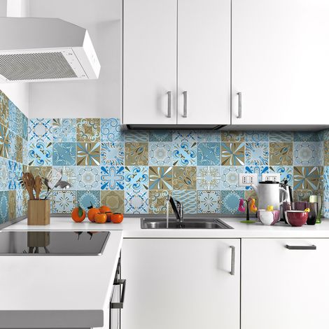 Sticker Mural Carrelage adhésif Cuisine Salle de Bain - 9 STICKERS CARREAUX DE CIMENT AZULEJOS CANBERRA - 9stickers10x10cm (1/5)