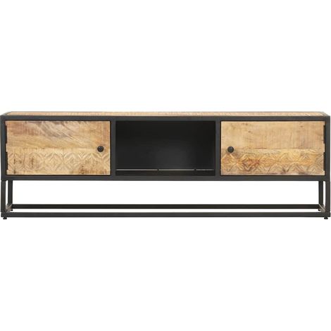 Meuble TV de Salon en Bois de Manguier Brut avec 2 Portes Sculptées 130 x 30 x 40 cm (1/5)