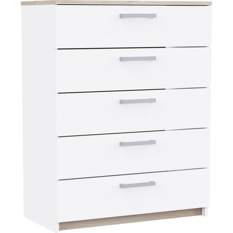 Cómoda Watson de Dormitorio con 5 Cajones Estilo Moderno en Color Blanco Mate y Roble Kronberg 80x103x41 cm