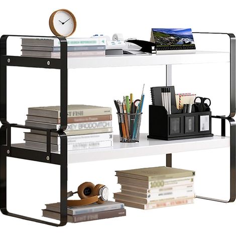 Étagère de bureau, Organisateur à 2 niveaux en bois pour le bureau, Étagère de rangement polyvalente pour la maison, le bureau, l'école (Noir+Blanc) (1/5)