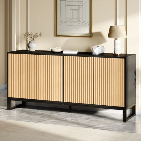 Buffet bas 4 portes à relief vertical, rangements réglables, 160 x 40 x 75 cm, noir et naturel (1/5)