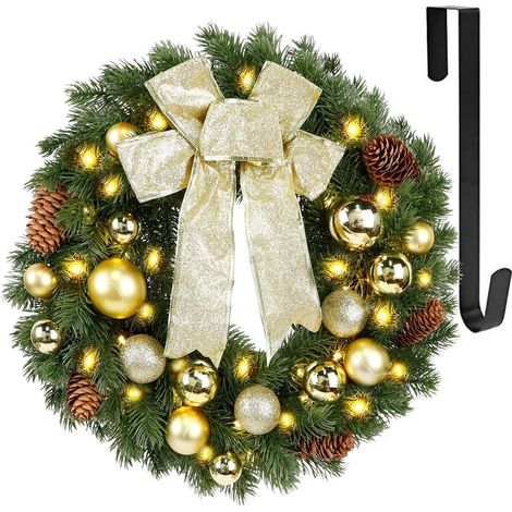 Couronne de Noël lumineuse avec attache en métal, couronne de Noël pré-illuminée avec grand nœud doré et boules, 8 modes et minuterie, fonctionne sur piles avec 40 lumières, pour décorations de fête d (1/5)
