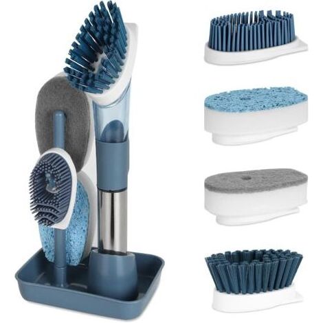 4 en 1 Brosse à Vaisselle avec Distributeur de Liquide, Brosse pour Vaisselle avec Manche et Support, Brosse de Cuisine Rechangeable pour Lavage Vaisselle, Nettoyage Casserole Poêle Évier, Bleu (1/5)