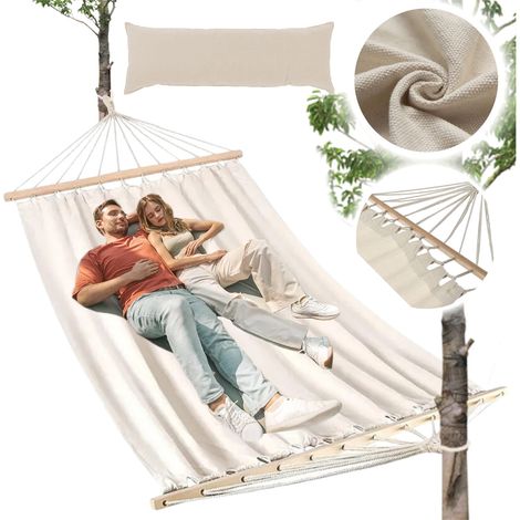 Amaca da giardino boho per due persone, grande, robusta, altalena, barra di supporto beige, 310x150 (1/5)