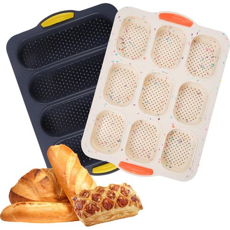 2 Pièces Silicone Moulle à Baguette Moule Perforé Antiadhésif Plateau à Baguette 4 Grilles Mini Baguette Plaque à Pâtisserie 9 (1/5)