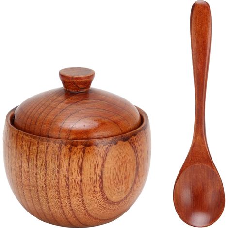 Tarro de madera para especias, azucarero, salero y pimentero, caja de especias con cuchara y tapa, utensilio de cocina