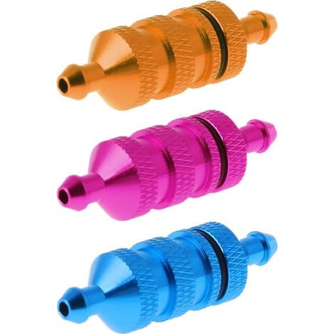 Ersatzteile für ferngesteuerte Autos: drei Kraftstofffilter (blau, lila und gold)