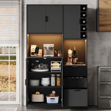 Buffet de cuisine 180x105x40 cm, avec LED multicolore, prise USB-C, 3 tiroirs, porte-bouteilles, étagères réglables, blanc pratique