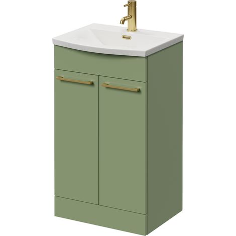 Napoli 390 Olive Green 500mm 2 Door Vanity Unit with Arc Basin - 500mm - Brushed Brass 160mm Handle