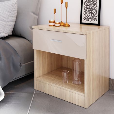 ELEGANT Modern High Gloss Bedside Cabinet Stand Storage Shelf with Bin Drawer, for Bedroom or Home Storage Organizer, Cream/Oak (1/5)
