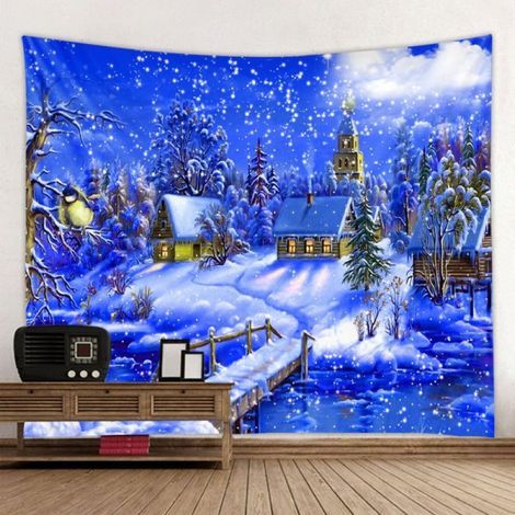 Nordic Christmas tapestry, blue snow-covered village, 200 x 150 cm, winter scene (1/5)