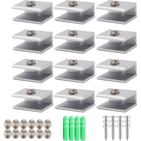 Lot de 12 Aluminium Pince à Verre 6-8mm, Support d'Étagère en Verre Réglable, Supports de Tablette en Verre avec Vis et Tournevis pour Tablettes en Verre de 6-8 Mm Salle d'Eau (S) (29 X 23 X 13.5 mm) (1/5)