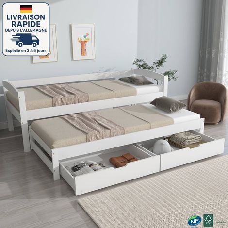 MODFU - Divano letto per bambini 90×190/200 cm con letto estraibile, 2 cassetti, senza materasso, MDF, bianco (1/5)