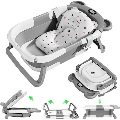 Vaschetta da bagno pieghevole per neonati con cuscino da bagno, vasca ergonomica con termometro integrato per neonati da 0 a 36 mesi (grigio)