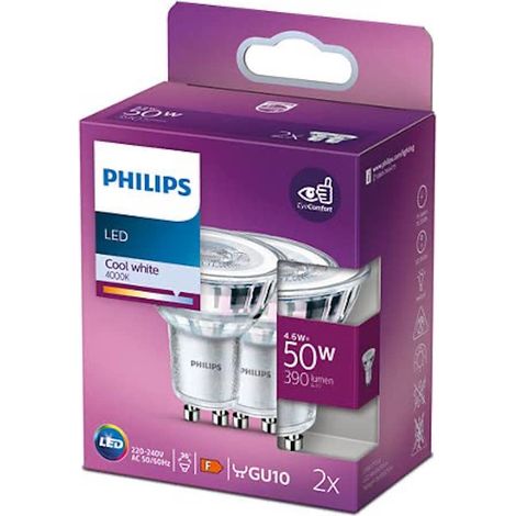 Philips – Pack de 2 ampoules LED GU10 4,6W 355lm lumière du jour 4000K – Économie d'énergie – Longue durée de vie