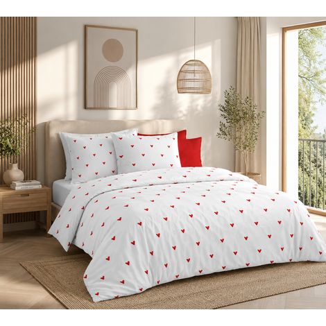 Parure de Couette 260 x 240 cm Mouna 3 Pièces Microfibre 75 g/m² Cœurs Rouges Blanc (1/3)