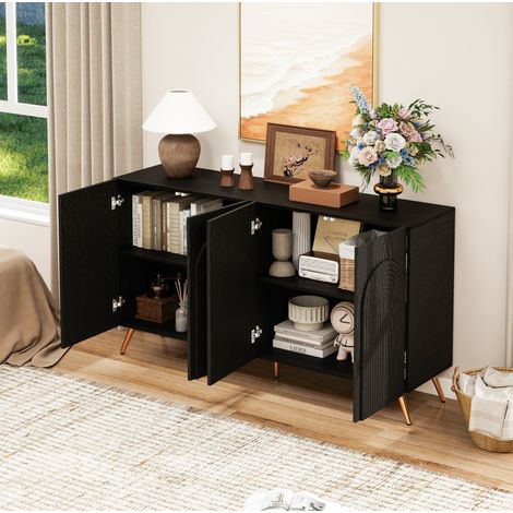 Aparador negro de estilo Mid-Century con ranuras 3D y puertas arqueadas, con baldas regulables,227x128x193 cm (1/5)