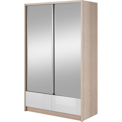 ARIA II Kleiderschrank 134 cm 2 schiebetüren spiegel sonoma eiche / weiß glänzend