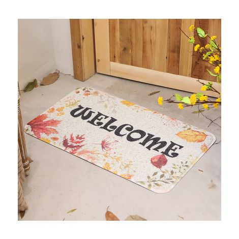 Tapis de porte en PVC résistant, robuste, antidérapant et anti-poussière pour salles de bain et cuisines - Bordure florale BIENVENUE - 60 x 90 cm