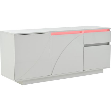 Weiße Hochglanz-Kommode mit LED, 3 Türen, 1 Schublade, MDF, 140 x 40 x 60 cm (1/5)